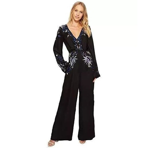 Free People Gypsy Rose Jumpsuit Floral Embroidered Black Size 4 Wide Leg NWT$350 - Picture 3 of 16